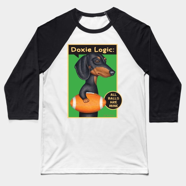 Classic Doxie Dog with football on Black Dachshund Holding Football Baseball T-Shirt by Danny Gordon Art